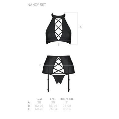Комплект из эко-кожи с имитацией шнуровки Nancy Set black L/XL - Passion топ, трусики и пояс для чул, Черный