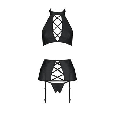Комплект из эко-кожи с имитацией шнуровки Nancy Set black L/XL - Passion топ, трусики и пояс для чул, Черный