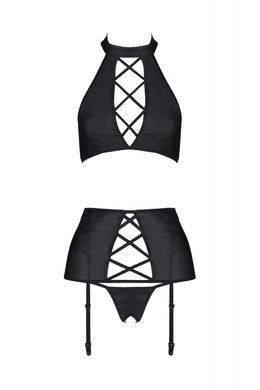 Комплект из экокожи Passion Nancy Set 4XL/5XL black, имитация шнуровки, топ, пояс для чулок