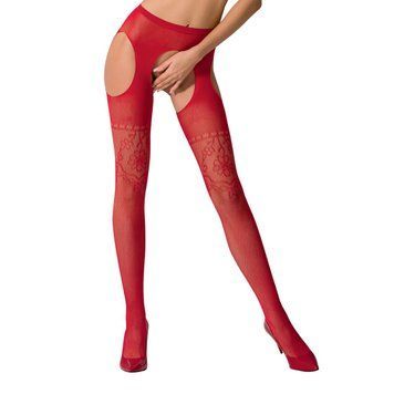 Эротические колготки-бодистокинг Passion S017 red, имитация ажурных чулок и пояса, Красный