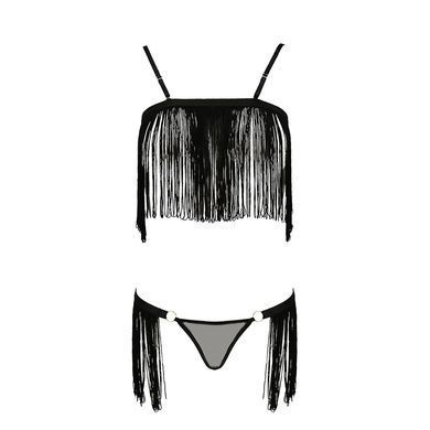 Комплект білизни KASSANDRA SET OpenBra black S/M - Passion Exclusive: ліф з бахроми, трусики-спідниц