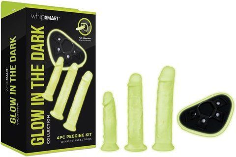 Страпон люмінесцентний Whipsmart Glow in the Dark із 3 насадками, чорний-білий