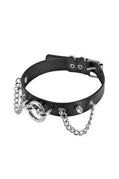 Нашийник ланцюжками, шипами і кільцем Fetish Tentation Choker Rings and Chains, екошкіра, Черный
