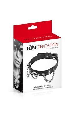 Нашийник ланцюжками, шипами і кільцем Fetish Tentation Choker Rings and Chains, екошкіра, Черный