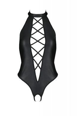 Боди из экокожи Passion Nancy Body 4XL/5XL black, с имитацией шнуровки и открытым доступом