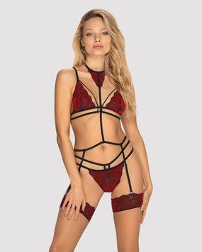 Комплект кружевной с поясом для чулок Obsessive Sugestina 3-pcs set S/M