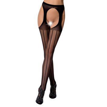 Эротические колготки-бодистокинг Passion S018 black, имитация чулок с вертикальными полосками и пояс, Черный
