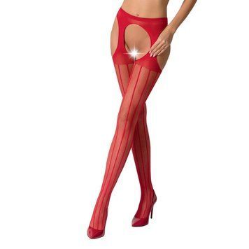 Эротические колготки-бодистокинг Passion S018 red, имитация чулок с вертикальными полосками и пояс, Красный