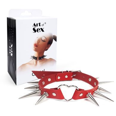 Чокер серце з великими шипами, із натуральної шкіри Art of Sex - Crystal, Червоний