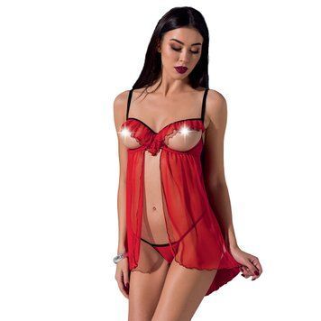 Прозорий пеньюар з відкритими грудьми CHERRY CHEMISE red XXL/XXXL - Passion Exclusive, трусики