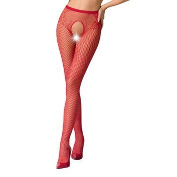 Эротические колготки-бодистокинг Passion S019 red, имитация трусиков ажурных с доступом, в сеточку, Красный