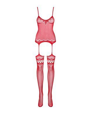 Бодистокинг Obsessive Bodystocking F214 red S/M/L, имитация корсета и чулок на подвязках