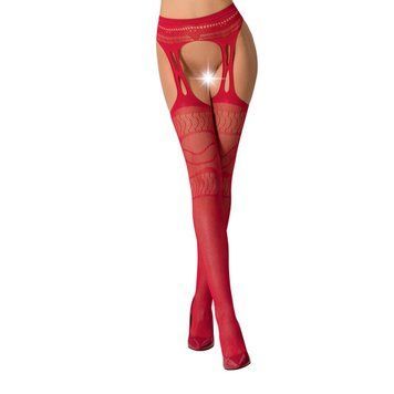 Эротические колготки-бодистокинг Passion S020 red, имитация ажурных чулок с высоким поясом, Красный