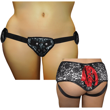 Трусы для страпона Sportsheets - SizePlus Grey&Black Lace Corsette, широкий пояс, бант, кружево, Чорний/сірий
