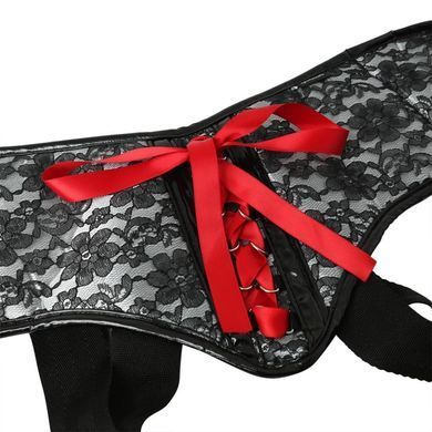 Трусы для страпона Sportsheets - SizePlus Grey&Black Lace Corsette, широкий пояс, бант, кружево, Чорний/сірий