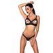 Комплект из экокожи Celine Bikini black L/XL &mdash; Passion: открытый бра с лентами, стринги со шнуровкой