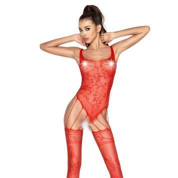 Бодістокінг Passion BS034 red, комбінезон, імітація боді і панчох, Червоний