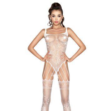 Бодістокінг Passion BS034 white, комбінезон, імітація боді і панчіх, Білий