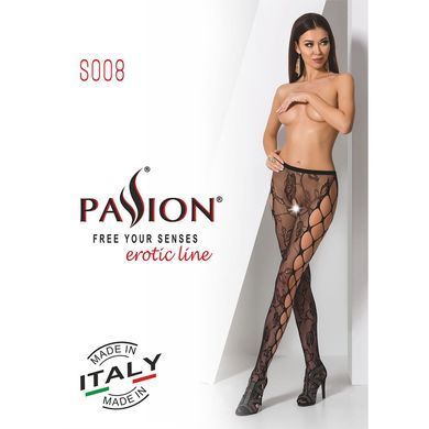 Эротические колготки-бодистокинг Passion S008 black, ажурные колготки с вырезом и лампасами-сеткой, Черный