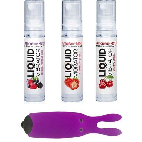 Набор из 3-х вкусов стимулирующего лубриканта Amoreane Med (3&times;10мл) и вибропули Adrien Lastic Purple