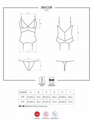 Корсет Obsessive 810-COR-1 з мереживом та пажами для панчох, чорний, S/M