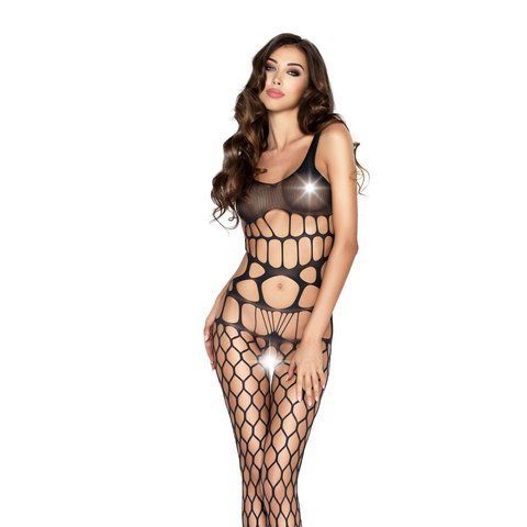 Бодістокінг Passion BS032 black, комбінезон, топ і велика сітка, Черный