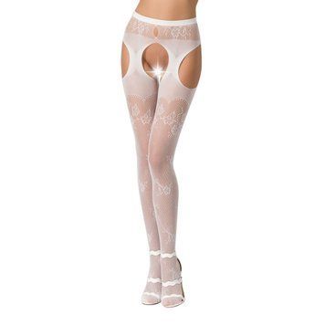 Эротические колготки-бодистокинг Passion S022 white, имитация цветочных чулочков и пояса для чулок, Белый