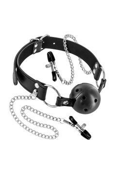 Повітропроникний кляп із затискачами для сосків Fetish Tentation Rigid Gag Ball with Nipple Clamps