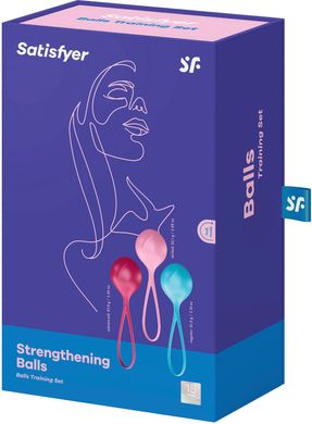 Вагинальные шарики Satisfyer Strengthening Balls (3шт), диаметр 3,8см, масса 62-82-98г, монолитные, Голубой/розовый/красный