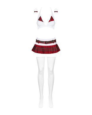 Эротический костюм школьницы с мини-юбкой Obsessive Schooly 5pcs costume L/XL бело-красный, топ, юбк