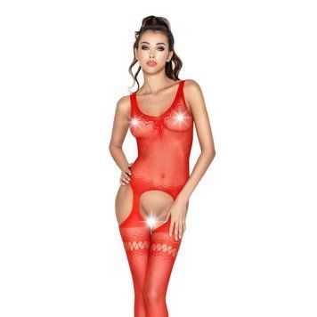 Бодістокінг Passion BS038 red, комбінезон, імітація панчох і пояса, Червоний