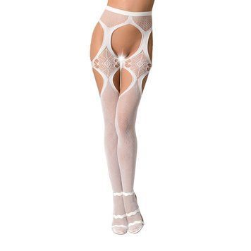 Эротические колготки-бодистокинг Passion S023 white, имитация чулок с секси ромбами и пояском, Белый
