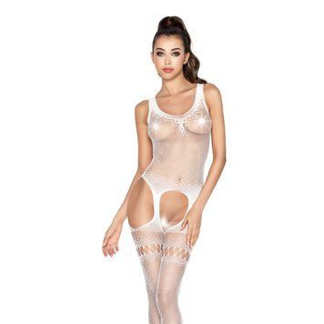 Бодістокінг Passion BS038 white, комбінезон, імітація панчох і пояса, Білий