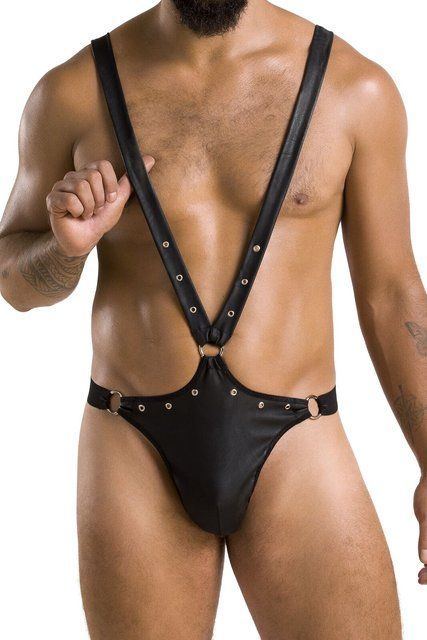 Чоловіче боді з люверсами Passion Harry L/XL, екошкіра, чорне, на шлейках
