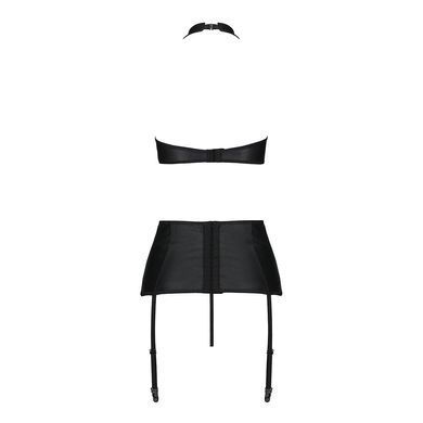 Комплект з еко-шкіри з імітацією шнурівки Nancy Set black S/M - Passion топ, трусики та пояс для пан, Черный