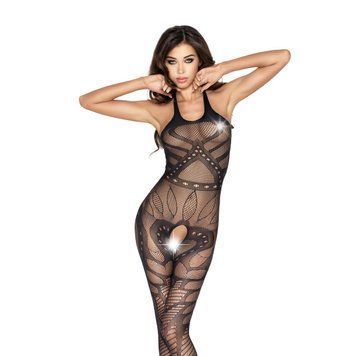 Бодістокінг Passion BS037 black, комбінезон, відкрита спина, халтер, Черный