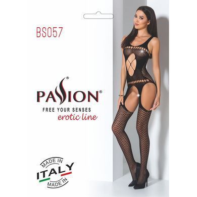 Бодістокінг Passion BS057 black, комбінезон, імітація панчох і пояса, Черный