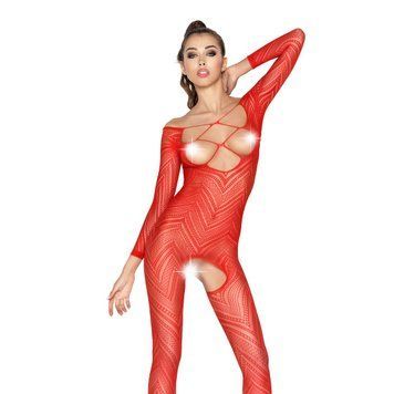 Бодістокінг Passion BS040 red, комбінезон з відкритими грудьми, Червоний