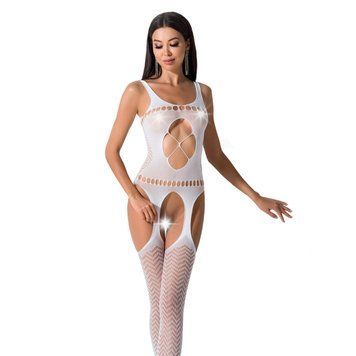 Бодістокінг Passion BS057 white, комбінезон, імітація панчох і пояса, Білий