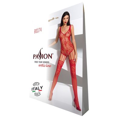 Ажурный бодистокинг с имитацией чулок Passion BS074 red