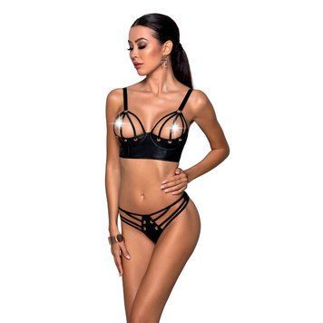 Комплект из эко-кожи с люверсами и ремешками Malwia Bikini black XXL/XXXL &mdash; Passion, бра и трусики, Черный