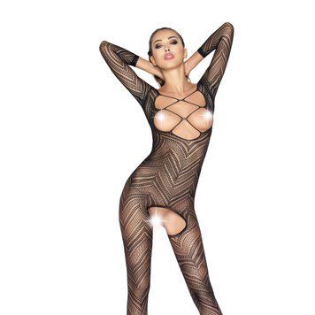 Бодістокінг Passion BS040 black, комбінезон з відкритими грудьми, Черный