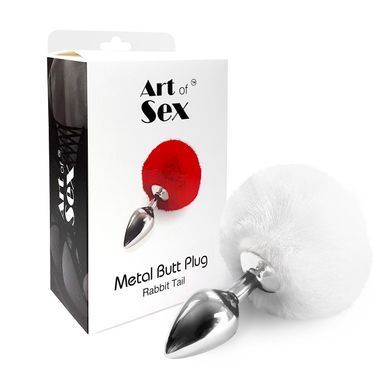 Металевий анальний затор М Art of Sex - Metal Butt plug Rabbit Tail, Білий
