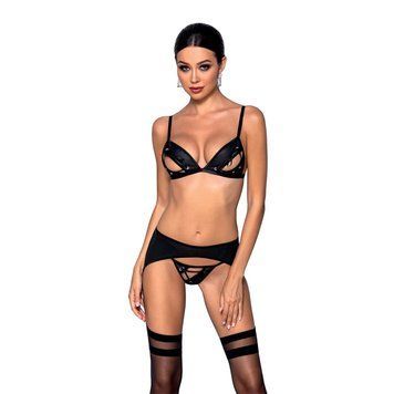 Комплект из эко-кожи Passion Miley Set black L/XL: трусики, бюстгальтер, пояс для чулок, Черный