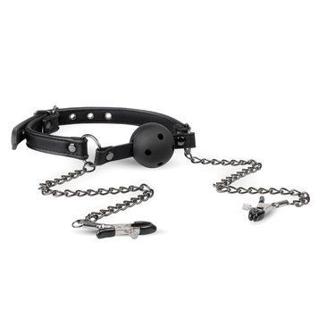 Кляп&nbsp;с&nbsp;зажимами&nbsp;на&nbsp;соски&nbsp;Open&nbsp;Ball&nbsp;Gag&nbsp;With&nbsp;Nipple&nbsp;Clamps, Черный
