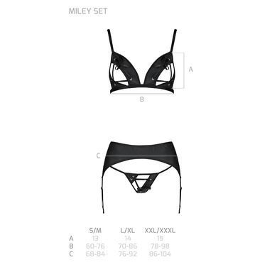 Комплект из эко-кожи Passion Miley Set black L/XL: трусики, бюстгальтер, пояс для чулок, Черный