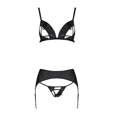Комплект из эко-кожи Passion Miley Set black L/XL: трусики, бюстгальтер, пояс для чулок, Черный