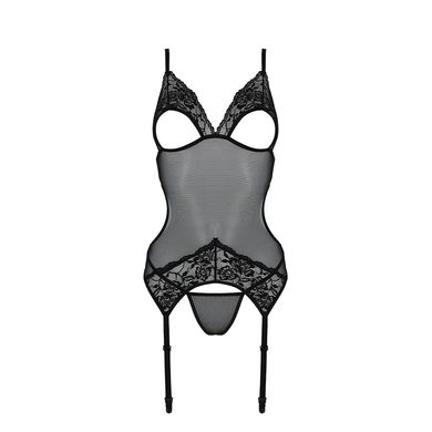 Корсет с подвязками и ажурным лифом Christa Corset black S/M — Passion, стринги в комплекте, Черный