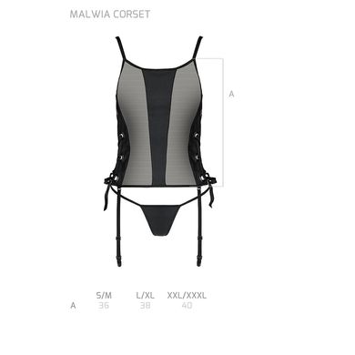 Сітчастий корсет з екошкіри, з люверсами та знімними пажами Malwia Corset black L/XL — Passion, стрі, Черный