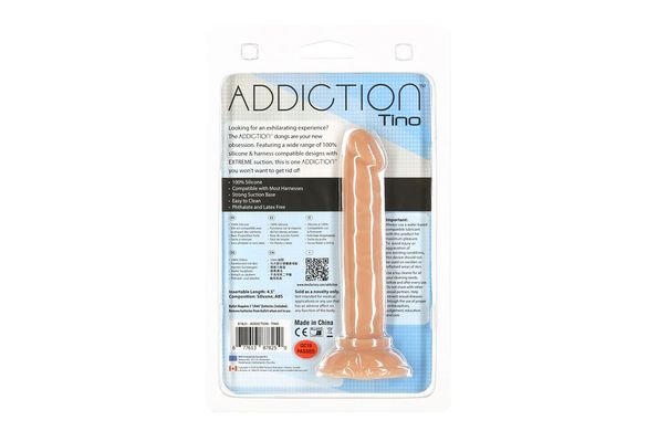 Фаллоимитатор ADDICTION Tino 5.25″ Silicone Dildo, присоска, диаметр 1,9 см, вибропуля в подарок, Телесный